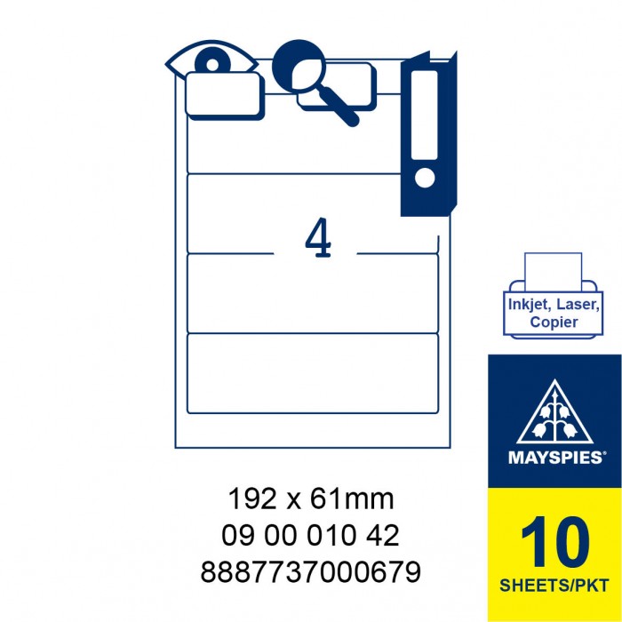 MAYSPIES 09 00 010 42 LABEL FOR INKJET / LASER / COPIER 10 SHEETS/PKT WHITE 192 X 61MM